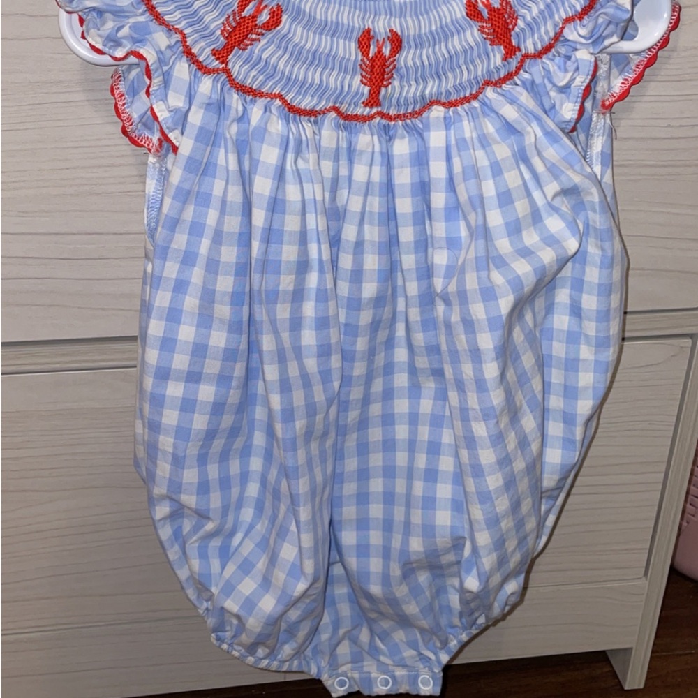 Blue Gingham Baby Romper with Lobster Embroidery